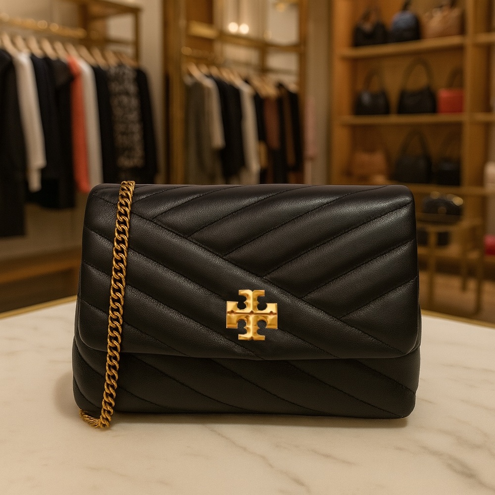 NEW Tory Burch Kira Chevron Black/Brass Mini Convertible Shoulder/Crossbody Bag